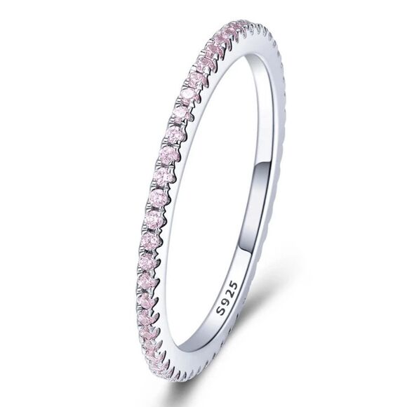 925 Sterling Silver Pink Wedding Band Ring - Picture 1 of 6